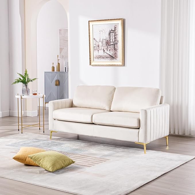 Small Couch for Bedroom 65 Mid Century Modern Loveseat Sofa Love Seat Living Room Comfy Channel Tufted Velvet Upholstered 2 Seater Sectional Couches for Small Space Office Apartment (Beige)