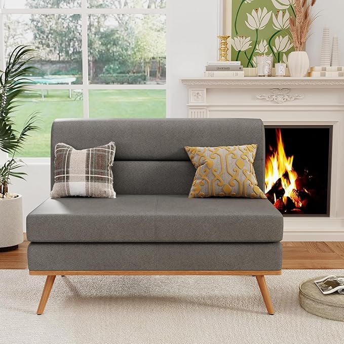 Aklaus Upholstered Small loveseatFaux Leather Modern Mini Sofa Couch Love Seat Armless Settee Bench with Back for Living Room Bedroom Office Small Space Entryway Grey