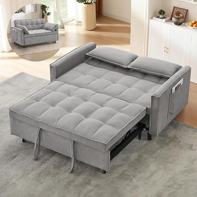3 In 1 Corduroy Convertible Sofa BedPull Out Couch Bed with Reclining Backrest And 2 Pillows 54 Full Size Loveseat Sleeper Sofa Futon Couch Bed Couches For Small Spaces Living Room (Grey)