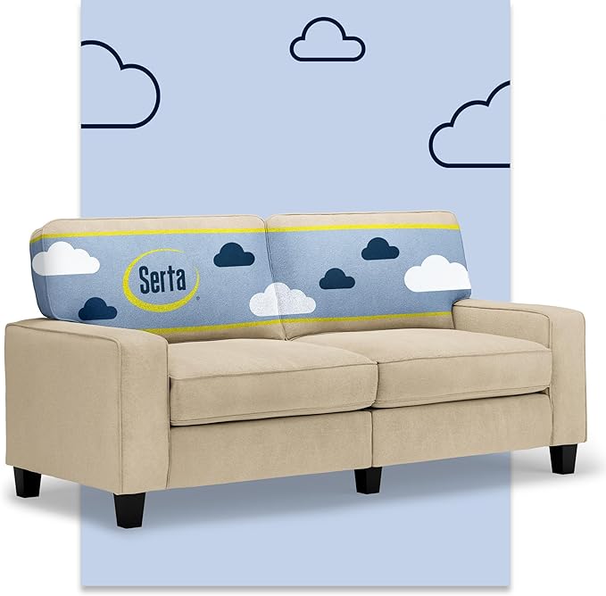 Serta Palisades 73 Track Arm Sofa Easy Care Polyester Soft Pillow Back Pocket Coil Seat Cushions Removable Covers Loveseat or Couch for Small Spaces Living Rooms or Bedrooms Sand Beige
