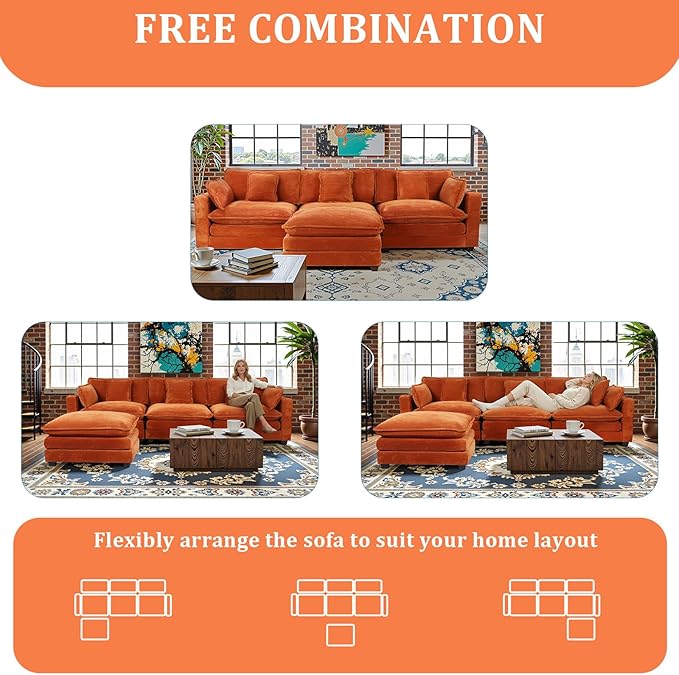 99 Modular Sectional SofaCouches for Living RoomModern Modular L-Shape Sofa with Ottoman &amp Side Pocket Cloud Sectional CouchCorduroy Oversized Sleeper Sofa with USB Port &amp Cup Holder (Oran