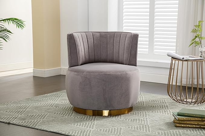 SLEERWAY 360° Swivel Barrel Chair Modern Velvet Round Accent Chair Comfy Upholstered Small Armchair with Gold Metal Base for Living Room Bedroom Nursery Office Sillas para Sala Gray