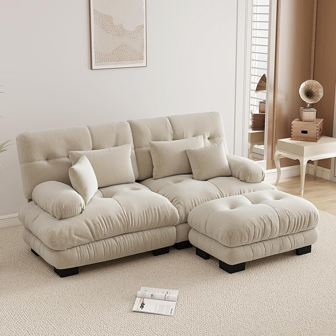 94.4 L-Shape Modular Cloud Sectional Sofa with Chenille Plush Fabric - 2 Seater Couch with Deep Seat and Movable Ottoman for Living Room Apartment and Office - Light Coffee