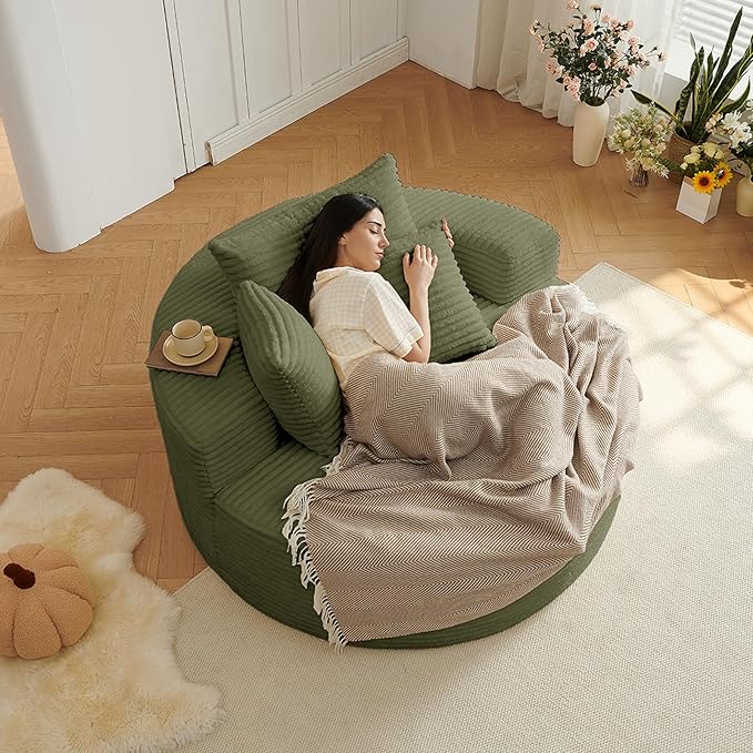 55''L Oversized Round Chaise Longue Chair Indoor Corduroy Sponge Single Sofa Oversized Round Chairs Modern Sleeper Chair for Living RoomProjection Room Wide Armrest Chairs Green