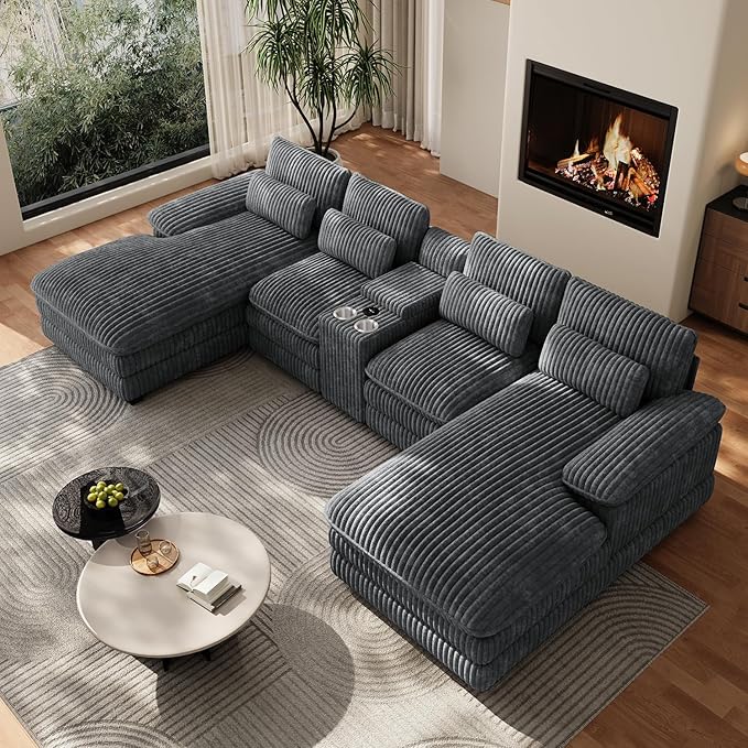 133 Oversized U Shaped Cloud Couch Modular Sectional Couches for Living Room Comfy Corduroy Deep Seat Sofa Set with Double Chaise Lounge Storage Central Console Cup Holders USB Port Dark Grey