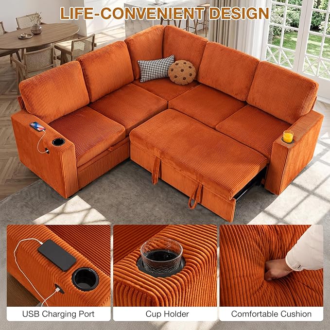 83 Sleeper Couch with Pull Out Sofa Bed 5-Seater Sectional Couches for Living Room L-Shaped Couch with Storage USB Port &amp Cup Holder Corduroy Convertible Corner Sofa for Apartment
