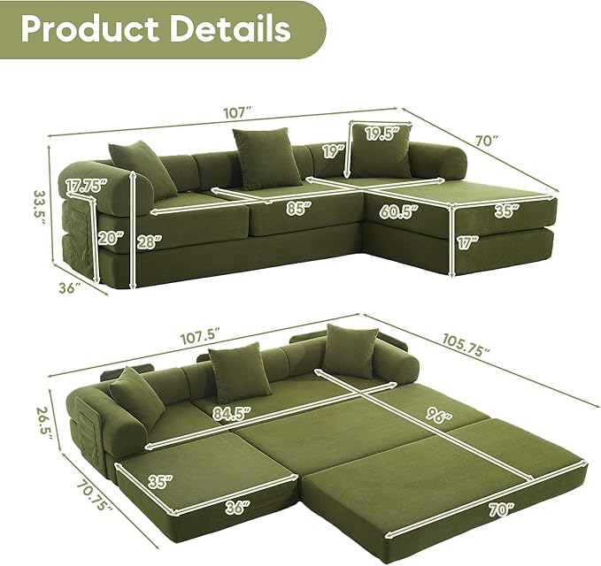 L Shaped Convertible Modular Sofa Bed with Cylindrical Pillow &amp Reversible Chaise Corduroy Folding Floor Sofa Couch Bed with Fixed-Shape Frame &amp Storage Pocket for Living Room Green