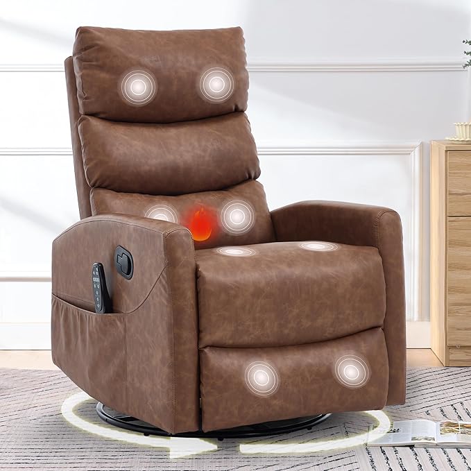 cinkehome Swivel Rocker Recliner Chair Upholstered Nursery Glider Recliner Chair with Heated Massage High Back Side Pocket (Light Brown PU Leather)