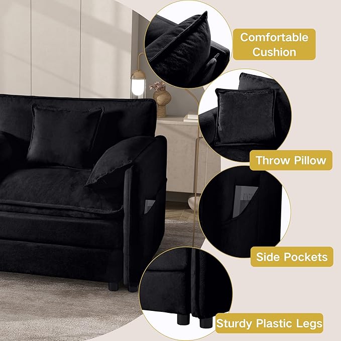 Oversized Cloud Modular Couches Sets2 Pieces Sectional Loveseat Sofa4-Seater Modern Chenille Upholstered Sofas Set for Office Apartment with 4 PillowsBlack