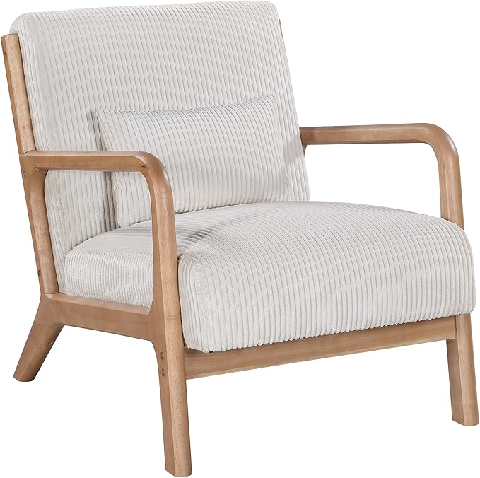 Wooden Accent Arm Chair Mid Century Armchair Comfy Modern Corduroy Accent Chair Boho Arm Chair with Pillow for Bedroom Lounge Living Room (Beige)