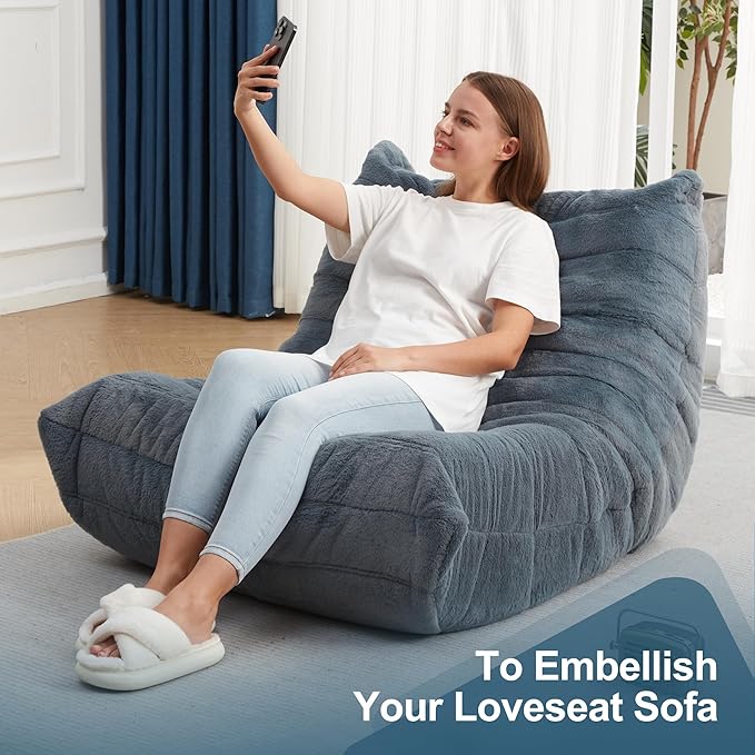 Bean Bag Chairs for Adults Giant Bean Bag Chair Memory Foam BeanBag Chair Bean Bag Sofa with Filler Faux Fur Fireside Beanbags Lazy Sofa for Living Room Bedroom Office (Bluegrey Plush Single)