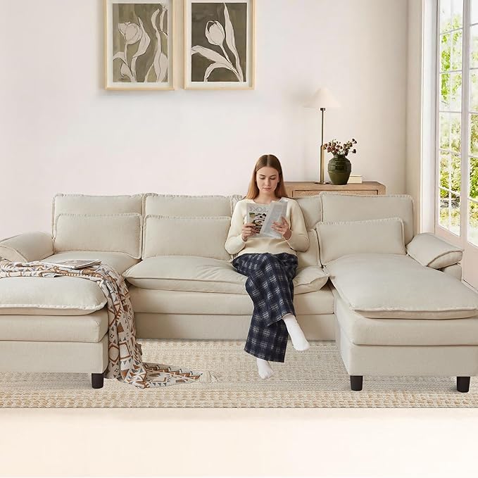 105 U Shaped Cloud Couch Sectional 4 Seat Home Sofa Living Room Comfy Couches with Storage Ottoman Double Layer Cushion Modular Sofas for Bedroom Apartment and Office Beige