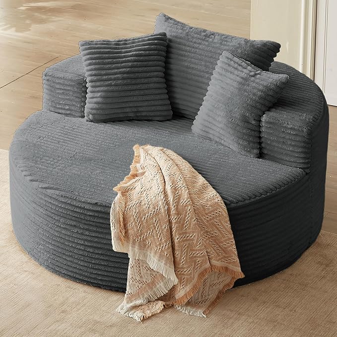 55'' Oversized Round Chair Lounge Chaise Indoor Cloud Boneless Large Circle Chair with Plush Corduroy No Assembly Required Fluffy Modern Sleeper Sofa Bed for ReadingLiving RoomBedroom(Dark Grey)