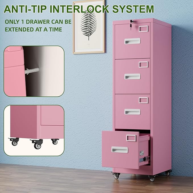 Aobabo 4 Drawer File Cabinet with Wheels Lockable Office Metal Filing Cabinet with Name Card for Office and HomeAssembly RequiredPink