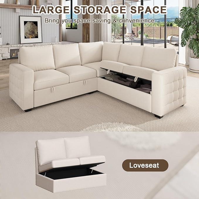 86 Inch Sectional Sleeper Sofa 5 Seat L Shaped Sleeper Sectional Couch with Pull Out Bed Convertible Sofa Bed with Storage for Living Room Apartment Modular Cloud Couches Beige