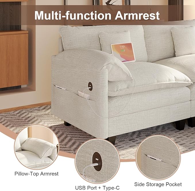 108 Modular Sectional Sofa with Movable Ottoman Plush Double-Layer Cushion Cloud Couch with USB Charging Ports &amp Side Storage Pockets Chenille L Shaped Modern Sofa Couches for Living Room Whit