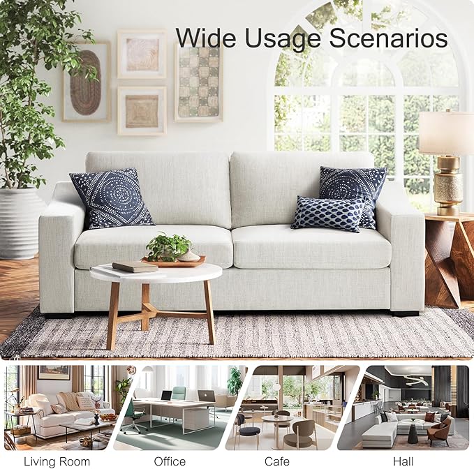 ELUCHANG 85 Modern Sofa Couches for Living Room 3 Seater Natural Linen Sofa with Extra Deep Seats Upholstered Cushion&ampDetachable Cover Comfy Couch for Small Space Apartment White 2PC | Brea