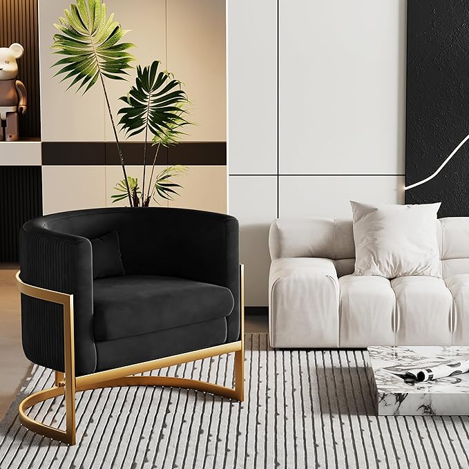 Alunaune Upholstered Velvet Accent Chair Barrel Chair Modern Armchair Living Room Lounge Chairs Sofa Tub Bucket Club Chairs for Bedroom-Black