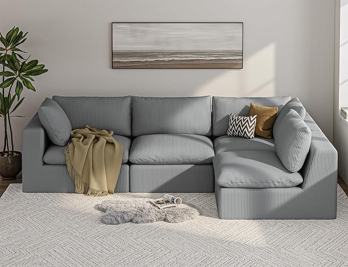 ARSURA 106” Cloud Couch for Living Room | L-Shaped Boneless Couch | Modular Sectional Couch | Corduroy Grey