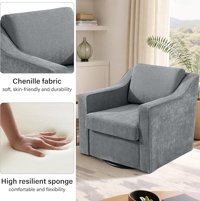 Swivel Accent Chair Modern Round Barrel Arm Chair for Living Room Bedroom Comfy Club Reading Chairs for Adults (Chenille Grey Set of 2)