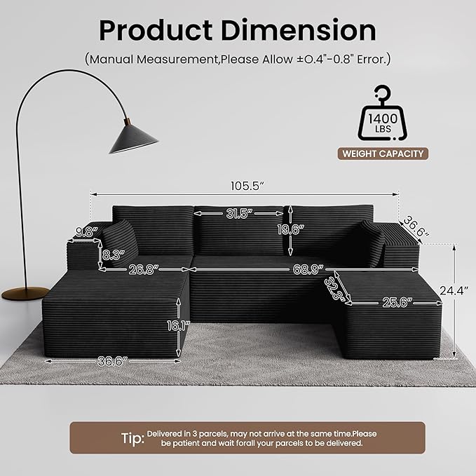106 Cloud Sectional Boneless Couches for Living Room Modular U Shaped Couch with Deep Seat Removable Ottoman Memory Foam Compressed Spineless 4 Seater Sofa for Bedroom Apartment Black