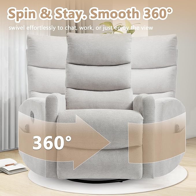 cinkehome Small Swivel Rocker Recliner Chair with Heated Massage Upholstered Nursery Glider Recliner Chair High Back Side Pocket (Beige Chenille Fabric)