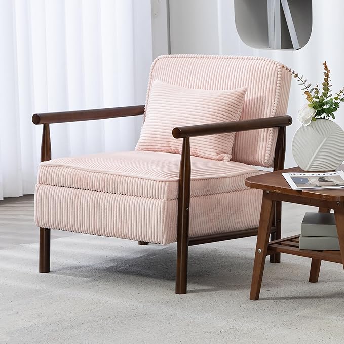 Accent Chair Comfy Modern Mid-Century Accent Chairs with Storage Corduroy Upholstered Lounge Armchair with Solid Wood Reading Side Single Sofa for Living Room/Office/Balcony/Bedroom-Pink