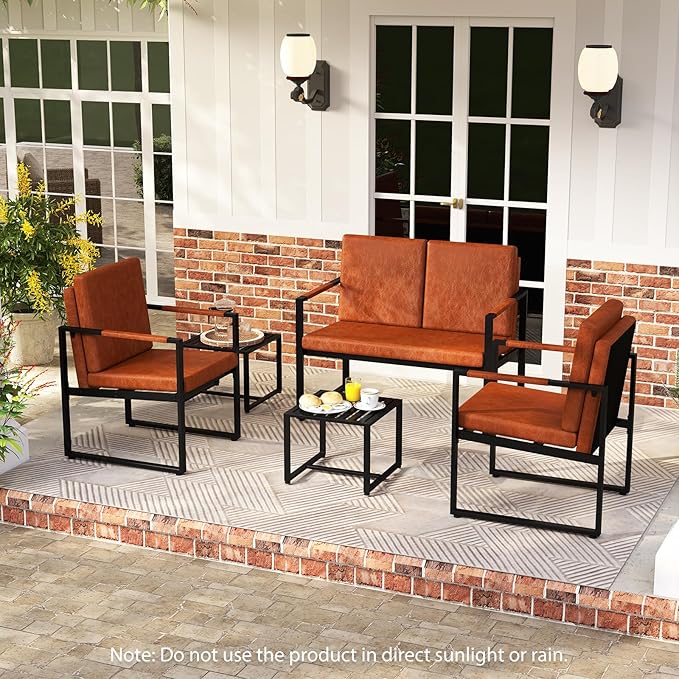 KOMFOTT 5 Pieces Living Room Sofa Set Faux Leather Living Room Furniture Set Includes Loveseat Sofa 2 Accent Chairs &amp 2 Coffee Tables with Heavy-Duty Metal Frame Modern Industrial Couch Set Br
