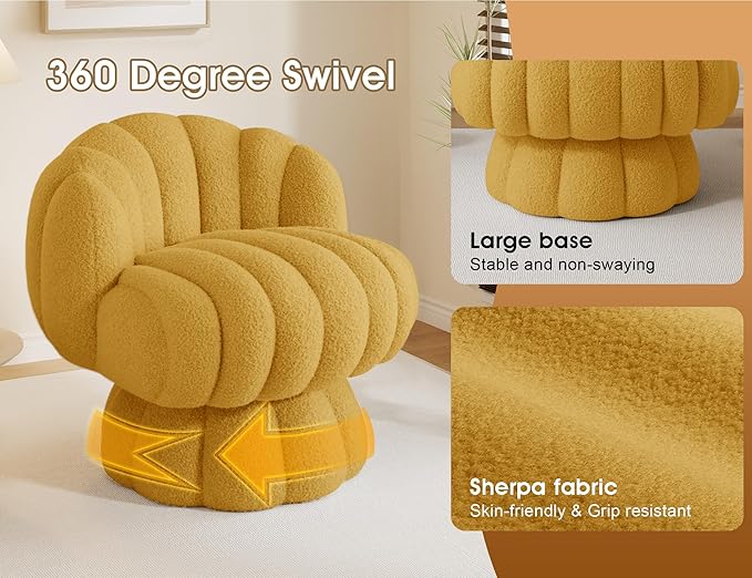 Mid Century Modern 360 Degree Barrel Swivel Accent Vanity ChairFluffy Sherpa Fabric Lounge Wide Upholstered Pumpkin Reading Chair Round Cloud Armchair for Living RoomBedroomVanity(Mustard)