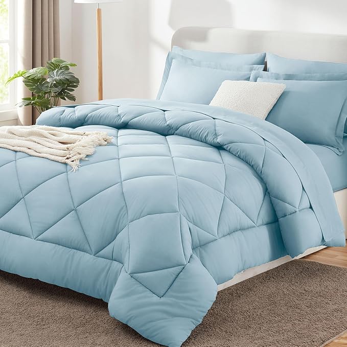 CozyLux Queen Comforter Set Light Blue - Bed in a Bag Queen Size 7 Pieces Luxury Soft Bed Set for All Seasons Bedding Set with Down Alternative Comforter Sheets Pillowcases &amp Shams