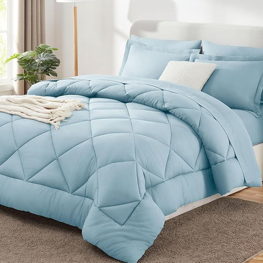 CozyLux Queen Comforter Set Light Blue - Bed in a Bag Queen Size 7 Pieces Luxury Soft Bed Set for All Seasons Bedding Set with Down Alternative Comforter Sheets Pillowcases &amp Shams
