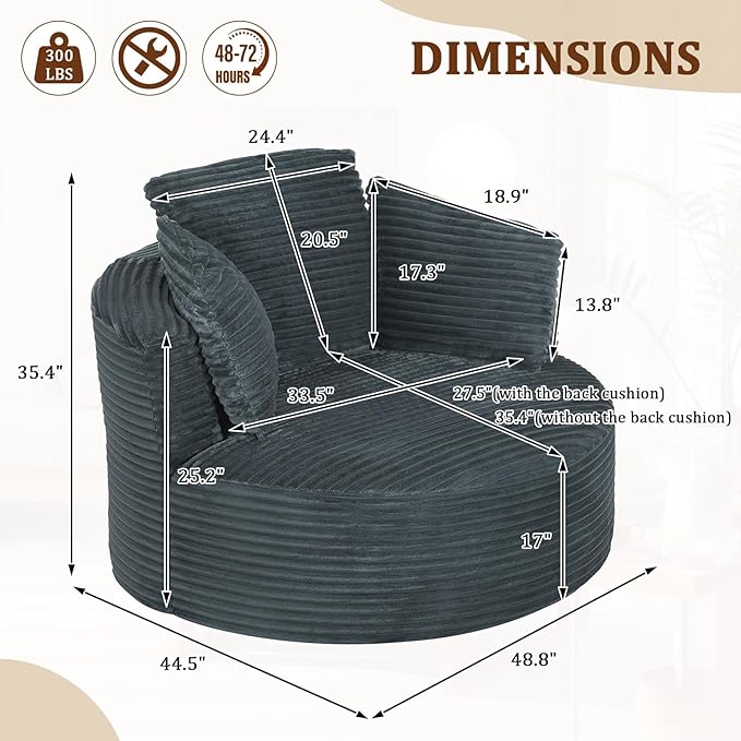 Round Chair Lounge Chaise Indoor 48.8 Oversized Sofa Chair Upholstered Corduroy Deep Seat Sleeper Sofa Bed No Assembly Required for Living Room Bedroom Apartment Dark Gray
