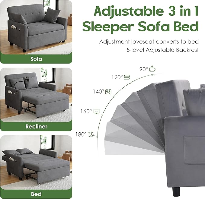 Sleeper Sofa Bed 3 in 1 Convertible Sleeper Couch Bed Pull Out Small Loveseat Sofa Futon Sofa Bed 46 Velvet Love Seat with Pillow and Phone Holder for Living Room Grey
