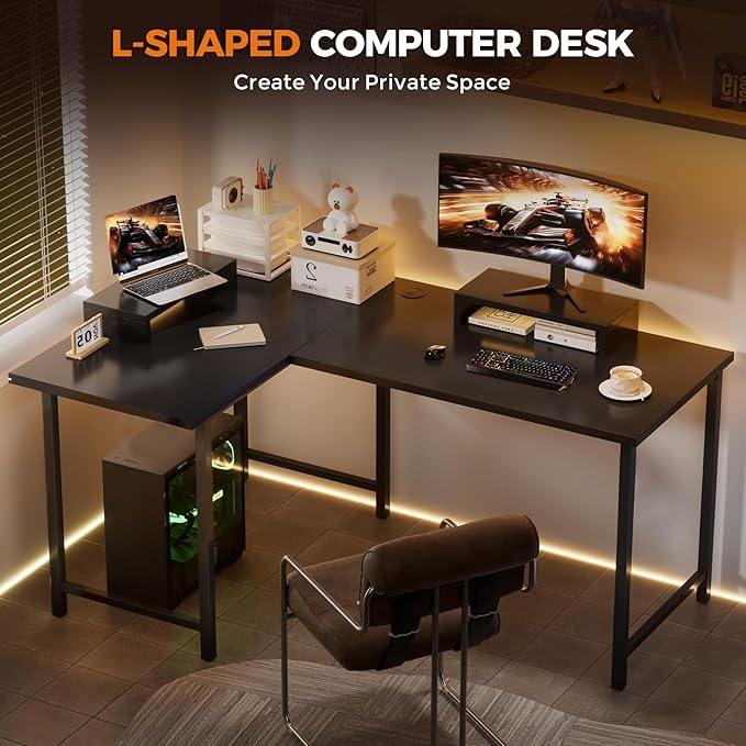 COMHOMA 57 L Shaped Desk with 2 Monitor Stand Reversible Computer Desk Corner Desks Gaming Desk PC Table Large Work Workstation for Gaming Writing Study Black