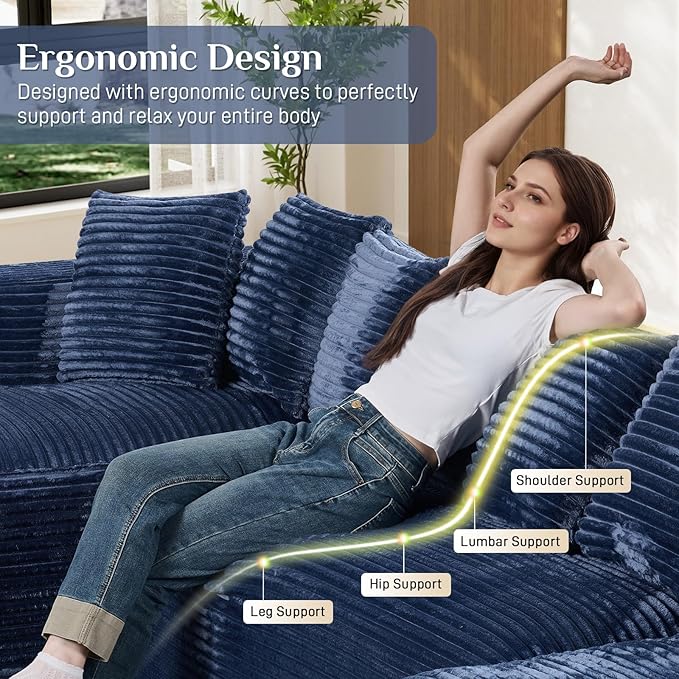 131 Oversized U Shaped Cloud Sectional Couches for Living Room Comfy Fluffy Corduroy Blue Boneless Sectionals Couch Plush Memory Foam Modular Sectional Sofa with Double Chaise- 20 High Seat