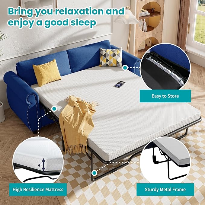 BALUS Pull Out Sofa Bed 2-in-1 Sleeper Sofas Convertible Couch Bed with Nailhead Armrests &amp Memory Foam Mattress Linen Pullout Sofa Beds with Thickened Cushions for Living Room Blue Full Size