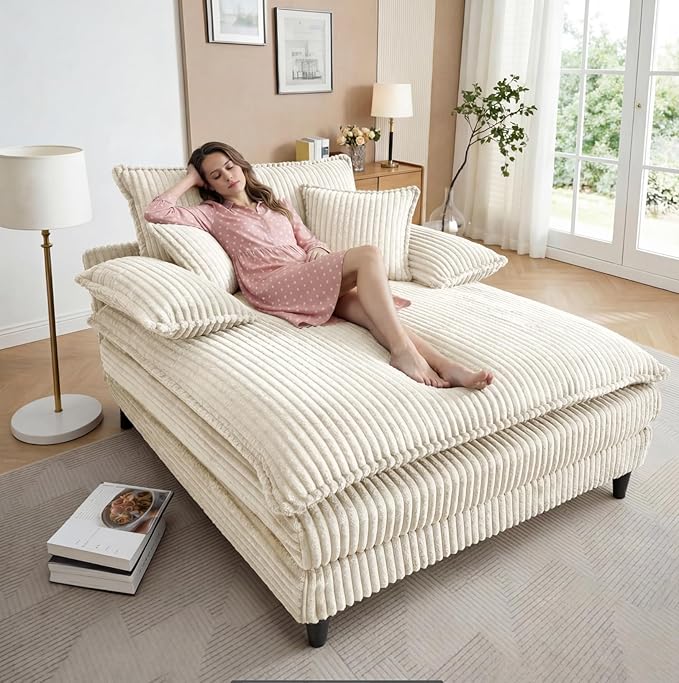 Oversized Chaise Lounge Chair Indoor Comfy Corduroy Sofa Bed Fluffy Cushioned Deep Seat Couch with 3 Pillows Sleeper Sofa for Living Room Beige White