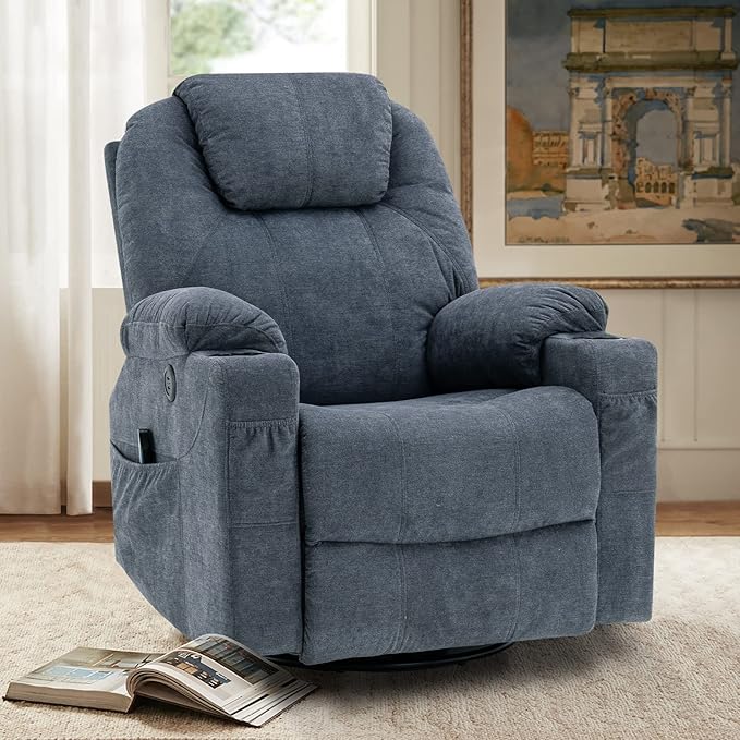 VIVIJASON Manual Massage Rocker Recliner Chair 360° Swivel Glider Lounge Chair with Heat Ergonomic Home Theater Recliner Sofa with 2 Cup Holders Side Pockets &amp USB Ports for Living Room Bluish