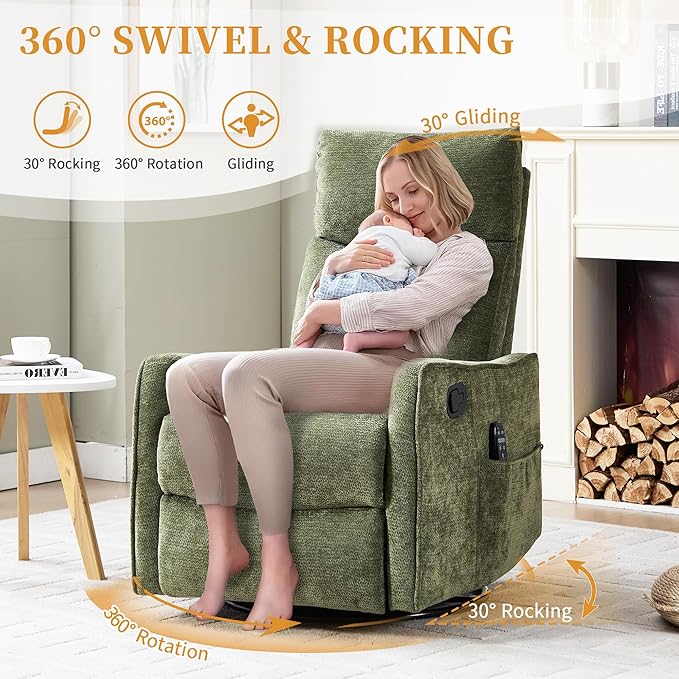 Small Swivel Rocker Recliner Chair for Nursery Heat &amp Massage Manual Upholstered 360° Fabric Glider Chair Small Recliners for Small Spaces Living Room (Green)