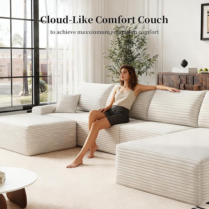 135.4 Oversized Cloud Modular Sectional Sofa U-Shaped Couches with Ottoman for Living Room Deep Seat Boneless Couch 1600lb Weight Capacity No Assembly Required (White Right Facing Chaise)