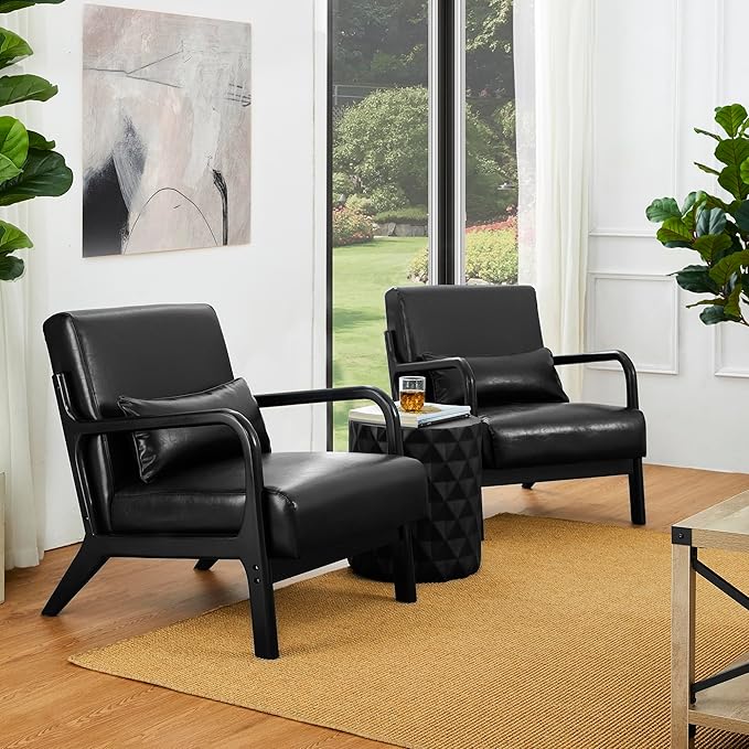 Glitzhome Accent Armchair with Walnut Ruberwood Frame Black PU Leather Lounge Chair for Living Room