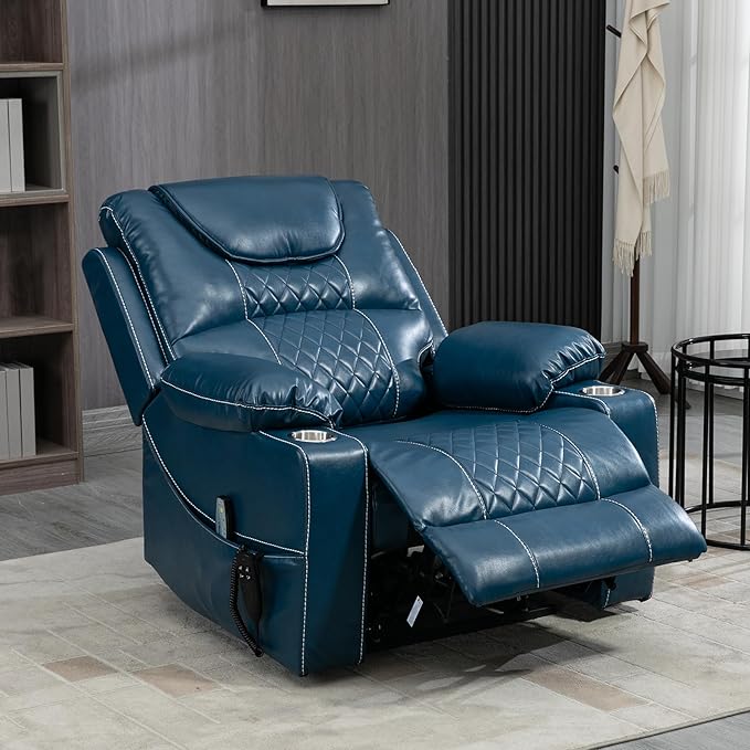 Oversized Power Lift Recliner Chair for Big and Tall Elderly 25 Extra Wide Electric Recliner Chair Living Room Sofa with Massage Heating Dual Motor Leather Home Theater Seat Blue