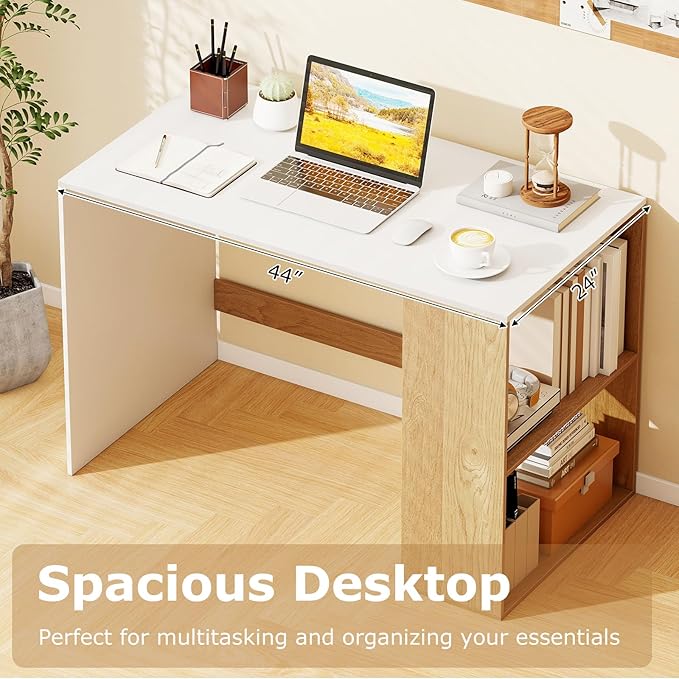 Giantex Small Desk with Bookshelf 44 Inch Modern Computer Desk for Small Spaces Laptop PC Desk Vanity Table for Bedroom Study Writing Desk for Home Office (White+Natural)
