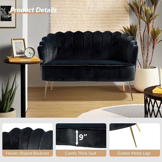 Velvet Upholstered Loveseat Sofa with Gold Metal Legs Modern Comfy Small Love Seat with Flower Shaped Back 2-Seater Sofa Accent Couch for Living Bedroom Leisure Areas