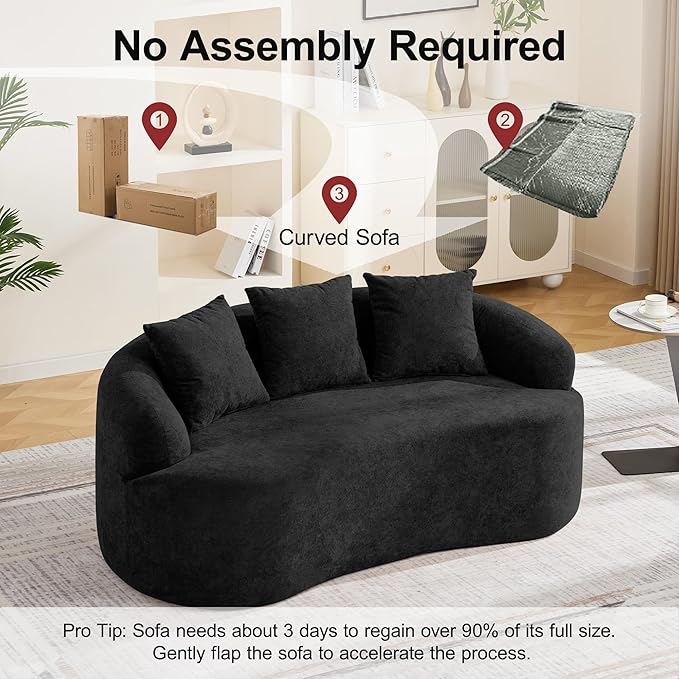 65 Boneless Curved Loveseat Sofa Deep Seat Love Seat Couches Modern 2 Seater Curved Couch with 3 Throw Pillows Compressed Floor Sofa for Living Room Small Spaces No Assembly Black