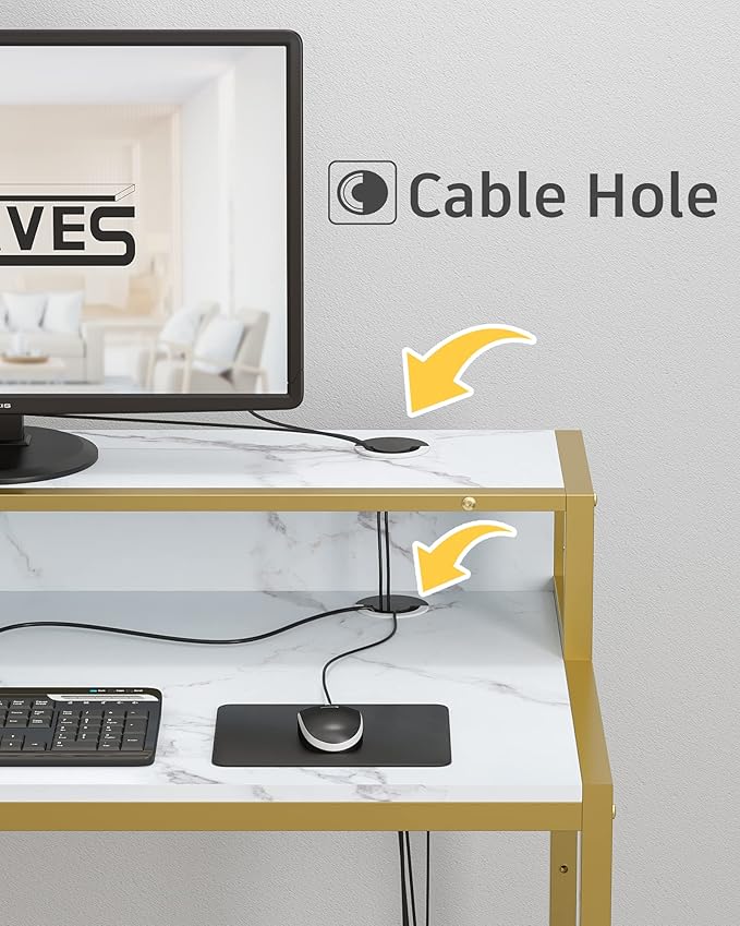 Teraves Computer Desk with 5 Tier ShelvesReversible Writing Desk with Storage 49 Inch Study Table for Home Office Independent Bookcase and Desk for Multiple Scenes (White Marbling+ Gold Frame)