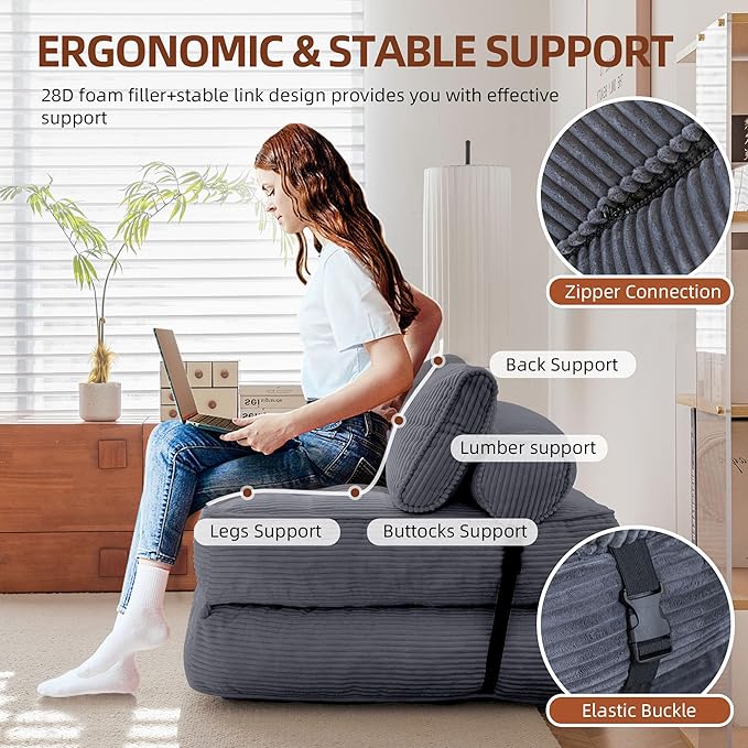 HOMREST Folding Sofa Bed Convertible Sleeping Chair with Backrest Support and Soft Corduroy FabricFold Couch Bed with Pillow for Small Spaces/Living Room/Bedroom/Apartment Single SizeGrayish Blue