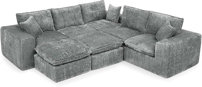 L-Shaped Boneless Modular Sectional Cloud Couches 7 Seat Modular Boucle Floor Foam Boneless Sofa Couch with Ottomans Headrest Pillows and Removable Cushions