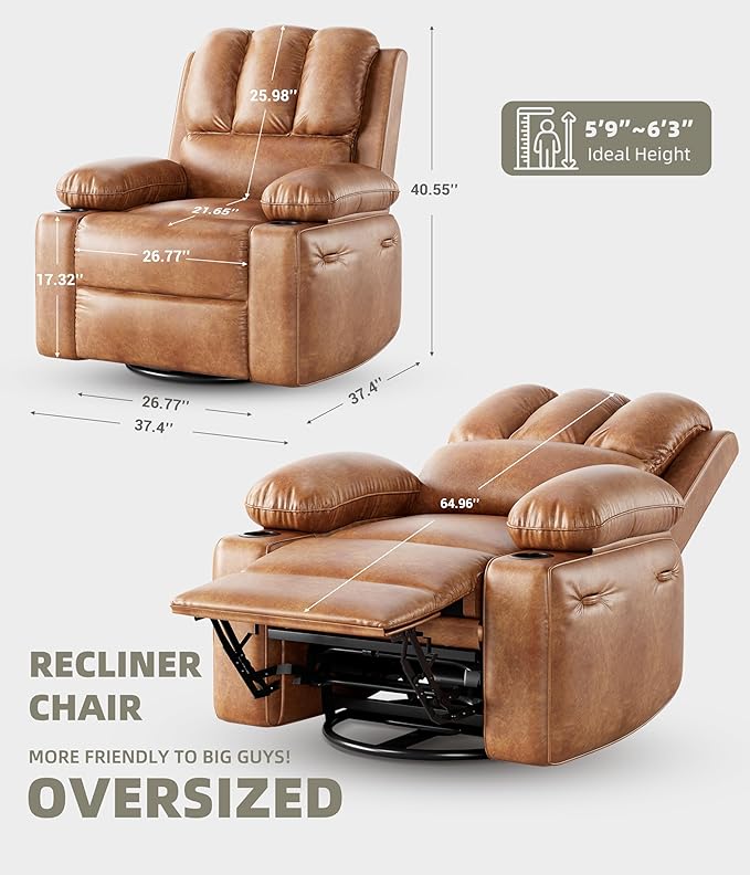 GarveeHome Oversized Recliner Chair 360° Swivel Rocker Recliners with Heat &amp Massage Soft Lazy Boy Recliner Chair with 2 Cup Holders and Side Pocket for Living Room Bedroom Nurseries -Retro Brow