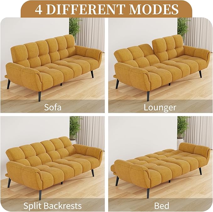 Futon Sofa Bed Convertible 77 Modern Linen Futon Couch Comfy Sleeper Sofa with Adjustable Backrests Couch Bed for Small Spaces Living Room Bedroom Apartment Golden Yellow